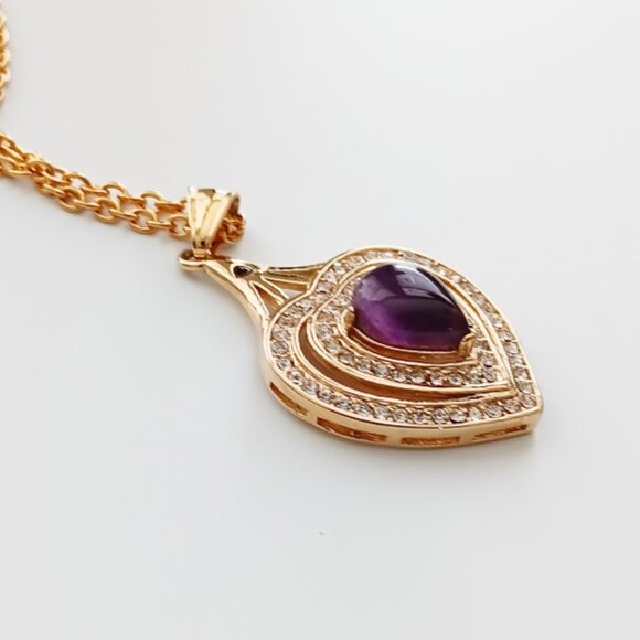 Genuine Amethyst & White Crystal Heart Pendant Necklace in Goldtone - Picture 3 of 4